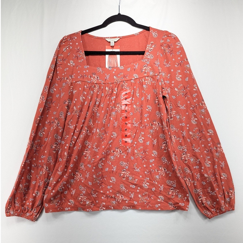 Lucky Brand Womens Floral Square Neck Long Sleeve Boho Blouse Orange Medium NWT
